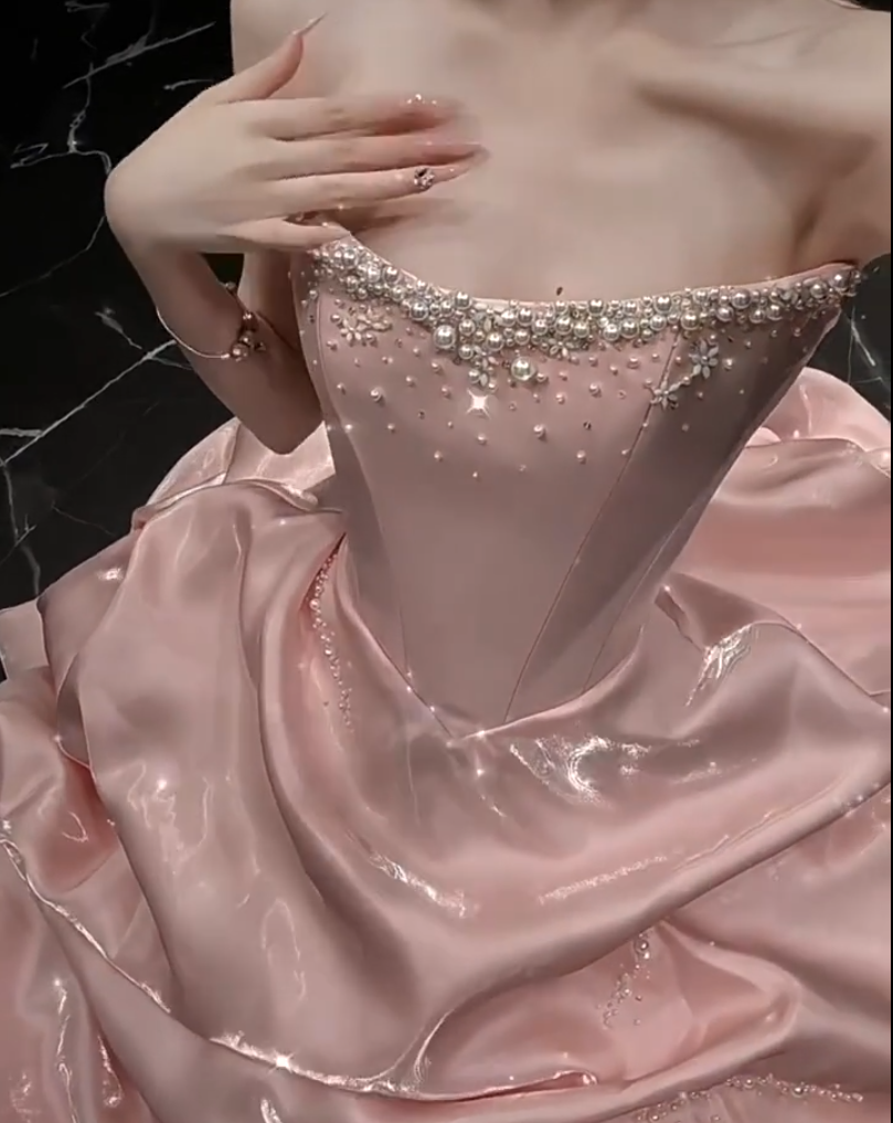 Sheen Strapless Pink Prom Dress Beads Ruched A-Line Formal Gowns AP7090