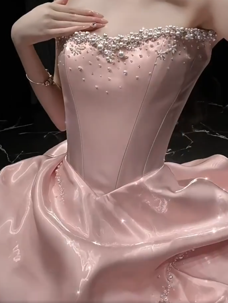 Sheen Strapless Pink Prom Dress Beads Ruched A-Line Formal Gowns AP7090