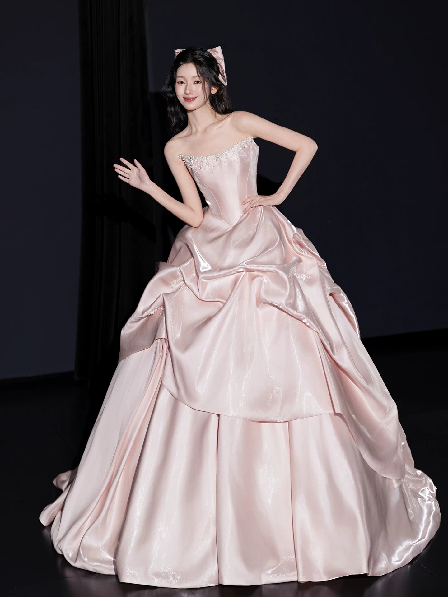 Sheen Strapless Pink Prom Dress Beads Ruched A-Line Formal Gowns AP7090