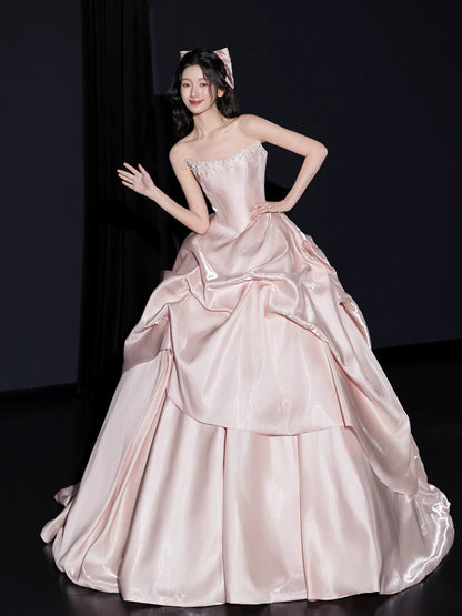 Sheen Strapless Pink Prom Dress Beads Ruched A-Line Formal Gowns AP7090