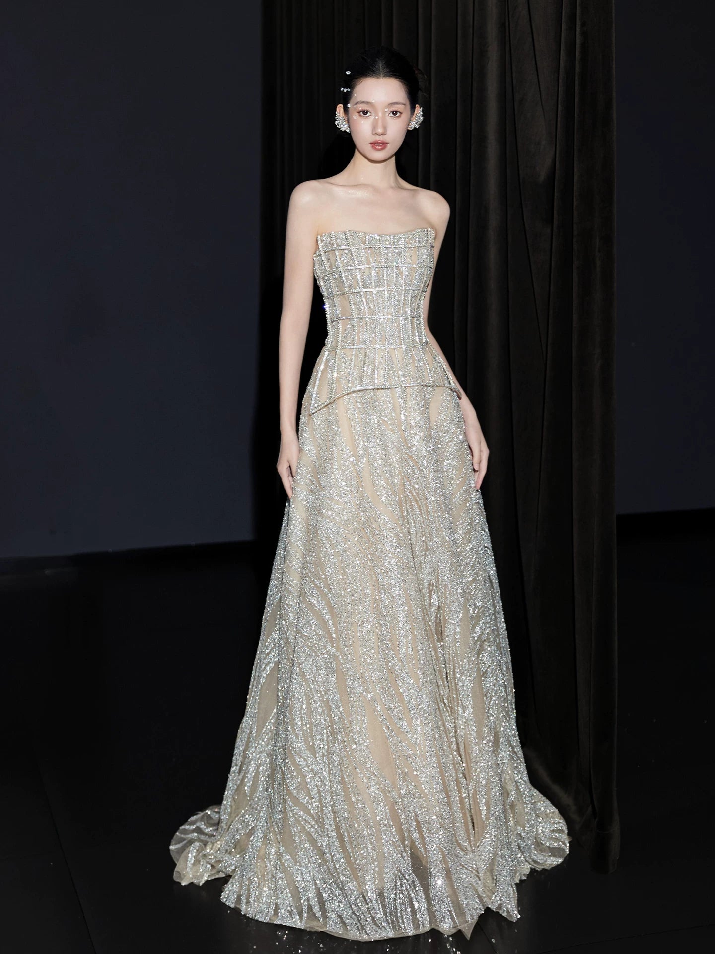 Gorgeous Strapless Beige Prom Dress Inspo Sequins A-Line Formal Gowns AP7092