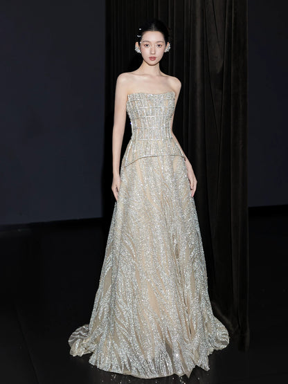 Gorgeous Strapless Beige Prom Dress Inspo Sequins A-Line Formal Gowns AP7092