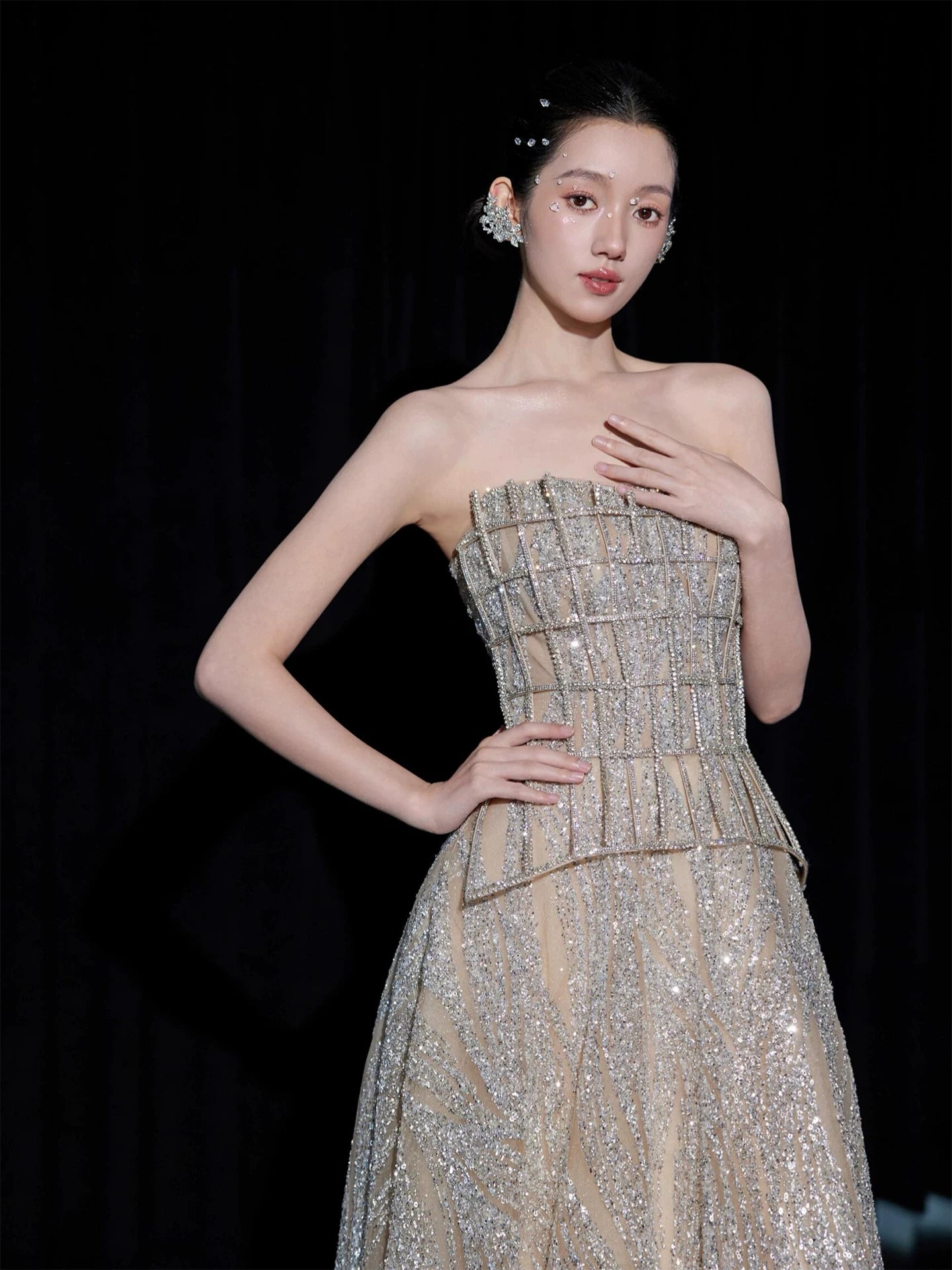 Gorgeous Strapless Beige Prom Dress Inspo Sequins A-Line Formal Gowns AP7092