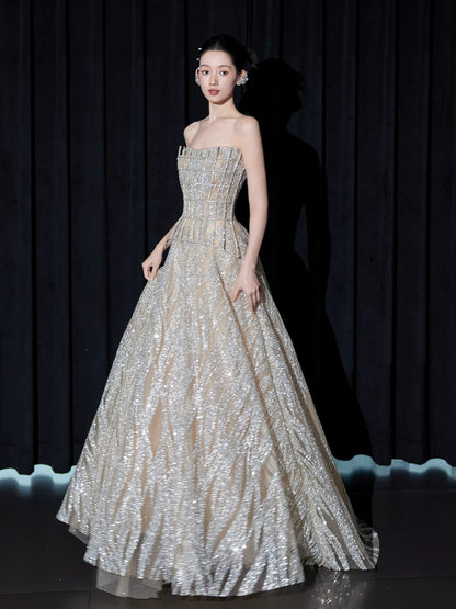 Gorgeous Strapless Beige Prom Dress Inspo Sequins A-Line Formal Gowns AP7092