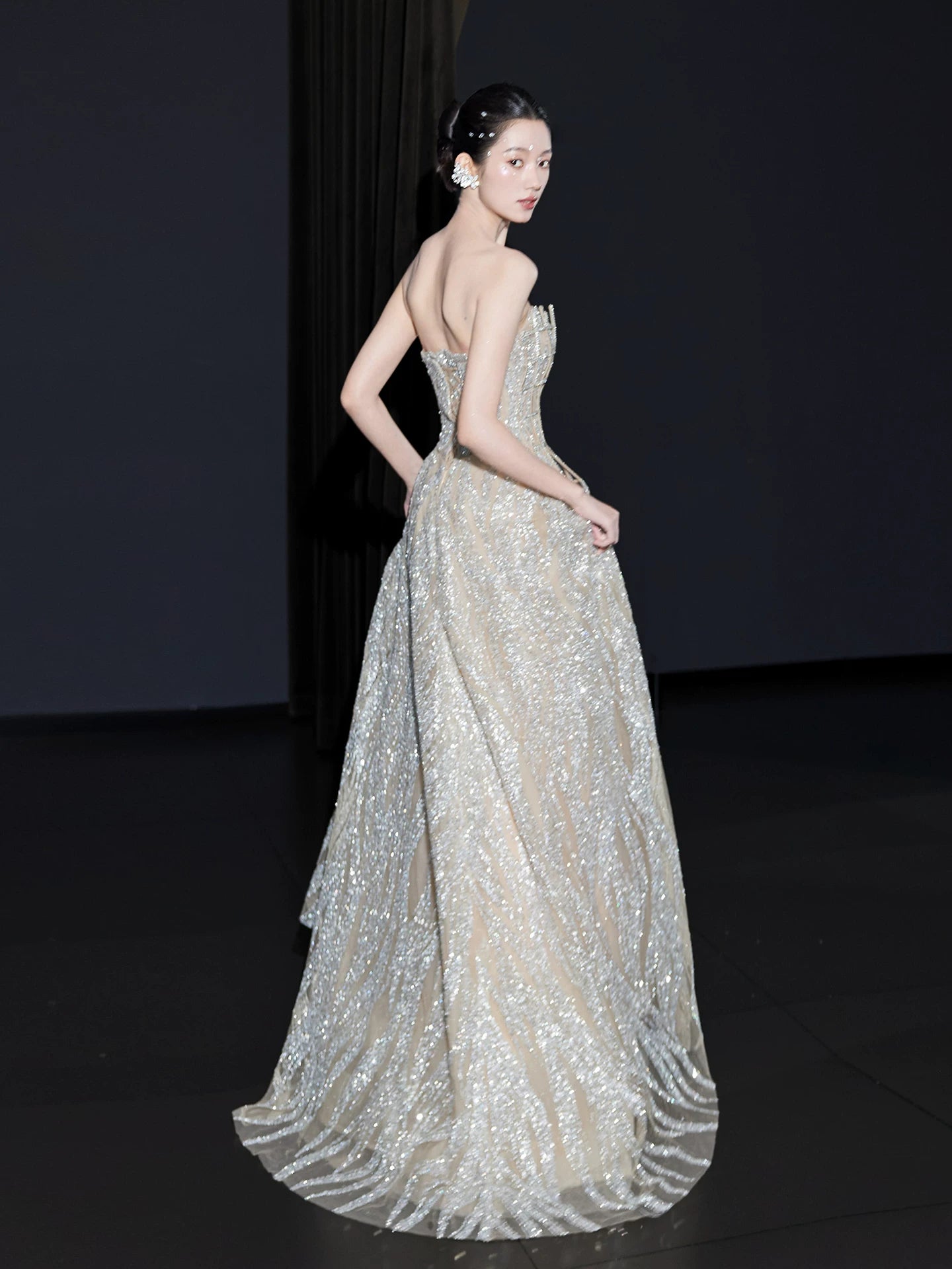 Gorgeous Strapless Beige Prom Dress Inspo Sequins A-Line Formal Gowns AP7092
