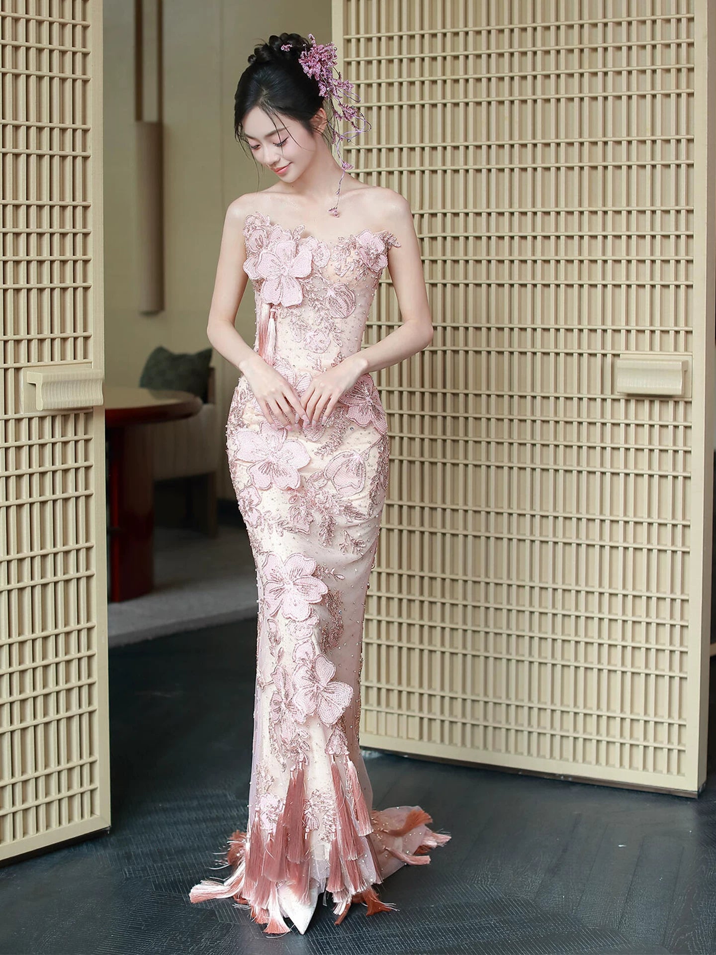 Glam Strapless Sheath Pink  Prom Dress Sequins Appliques Tassel Sheath Evening Dress AP7093