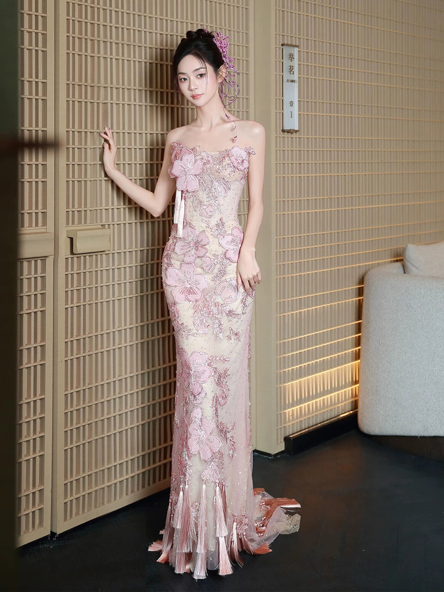 Glam Strapless Sheath Pink  Prom Dress Sequins Appliques Tassel Sheath Evening Dress AP7093