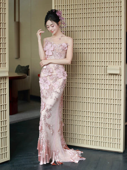 Glam Strapless Sheath Pink  Prom Dress Sequins Appliques Tassel Sheath Evening Dress AP7093