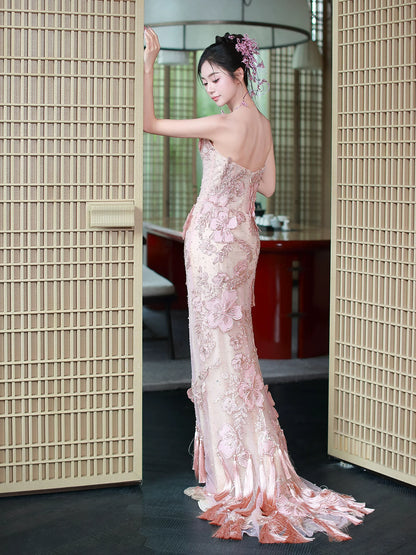 Glam Strapless Sheath Pink  Prom Dress Sequins Appliques Tassel Sheath Evening Dress AP7093
