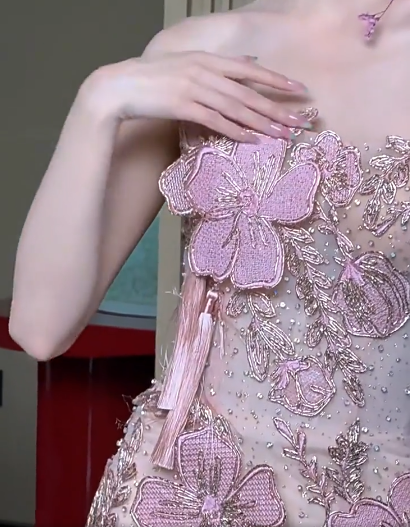 Glam Strapless Sheath Pink  Prom Dress Sequins Appliques Tassel Sheath Evening Dress AP7093