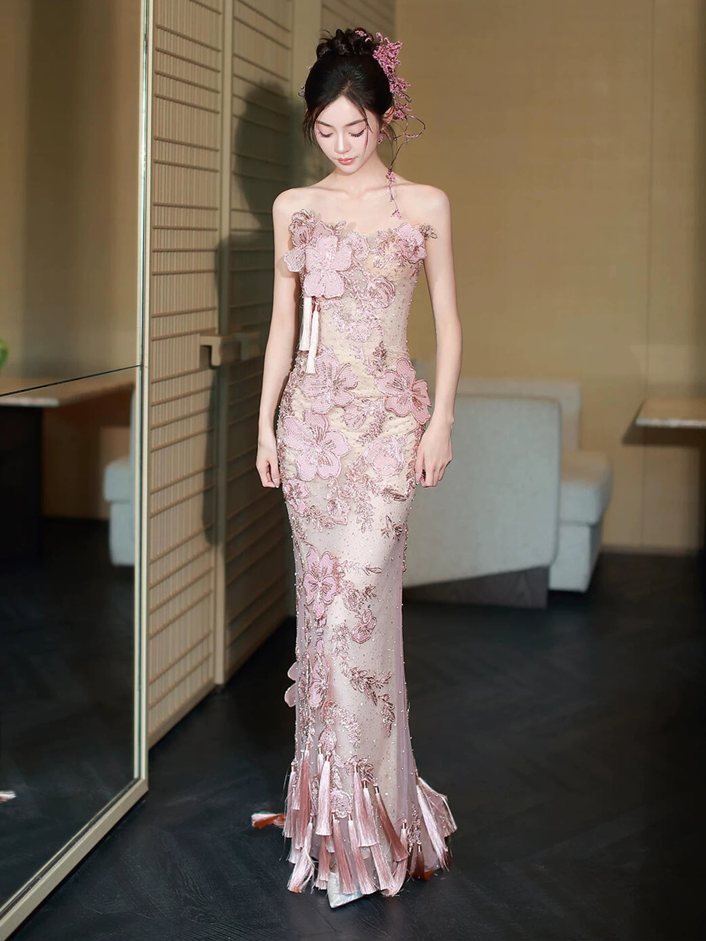 Glam Strapless Sheath Pink  Prom Dress Sequins Appliques Tassel Sheath Evening Dress AP7093