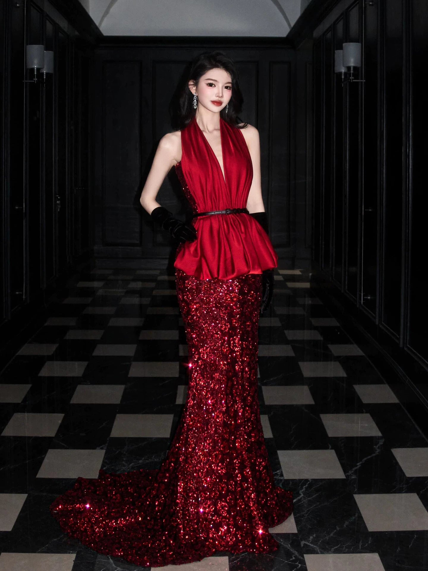 Glamorous Halter Neck Red Prom Dress Ruffles Sequins Mermaid Evening Dress AP7094
