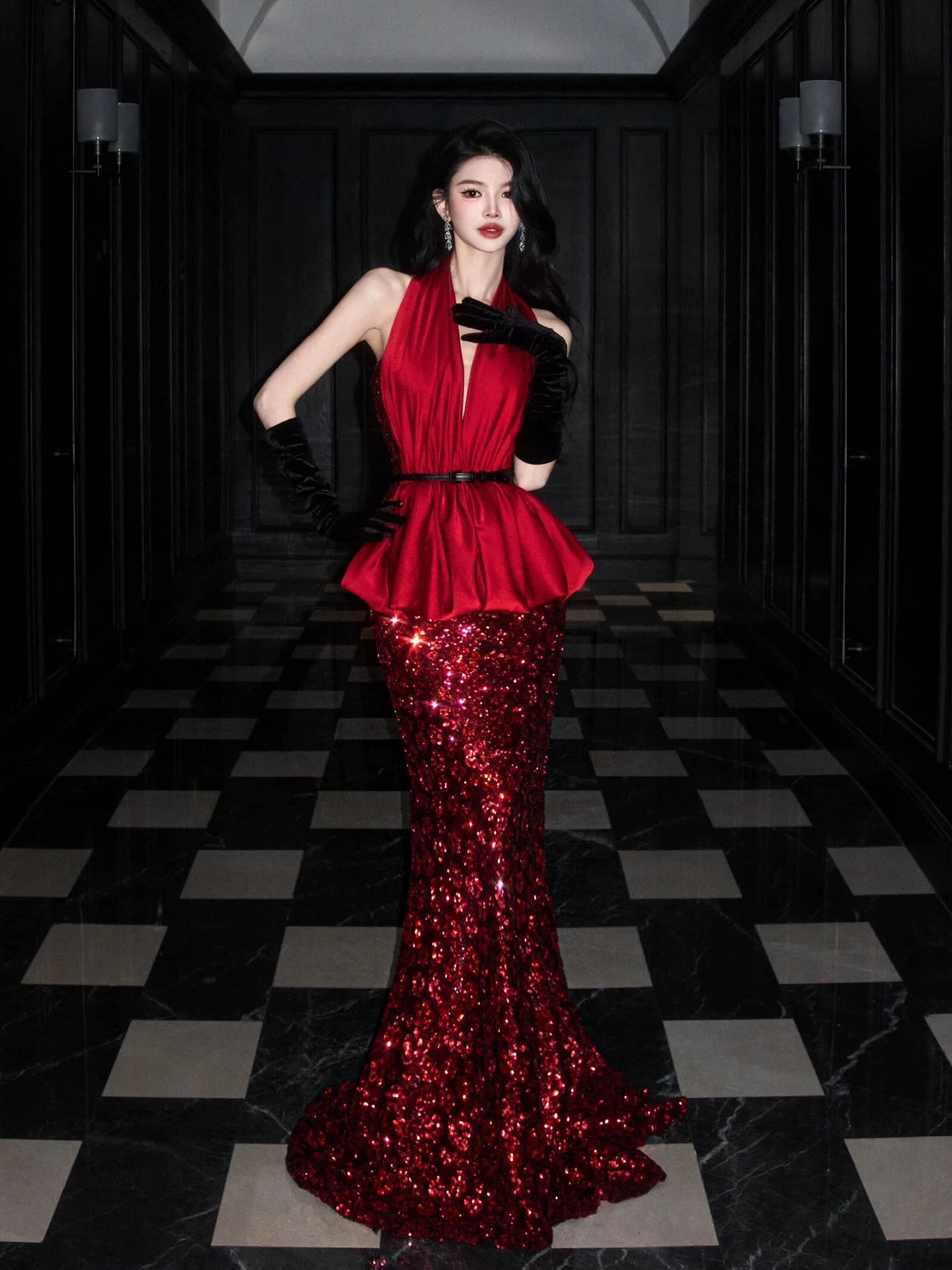 Glamorous Halter Neck Red Prom Dress Ruffles Sequins Mermaid Evening Dress AP7094