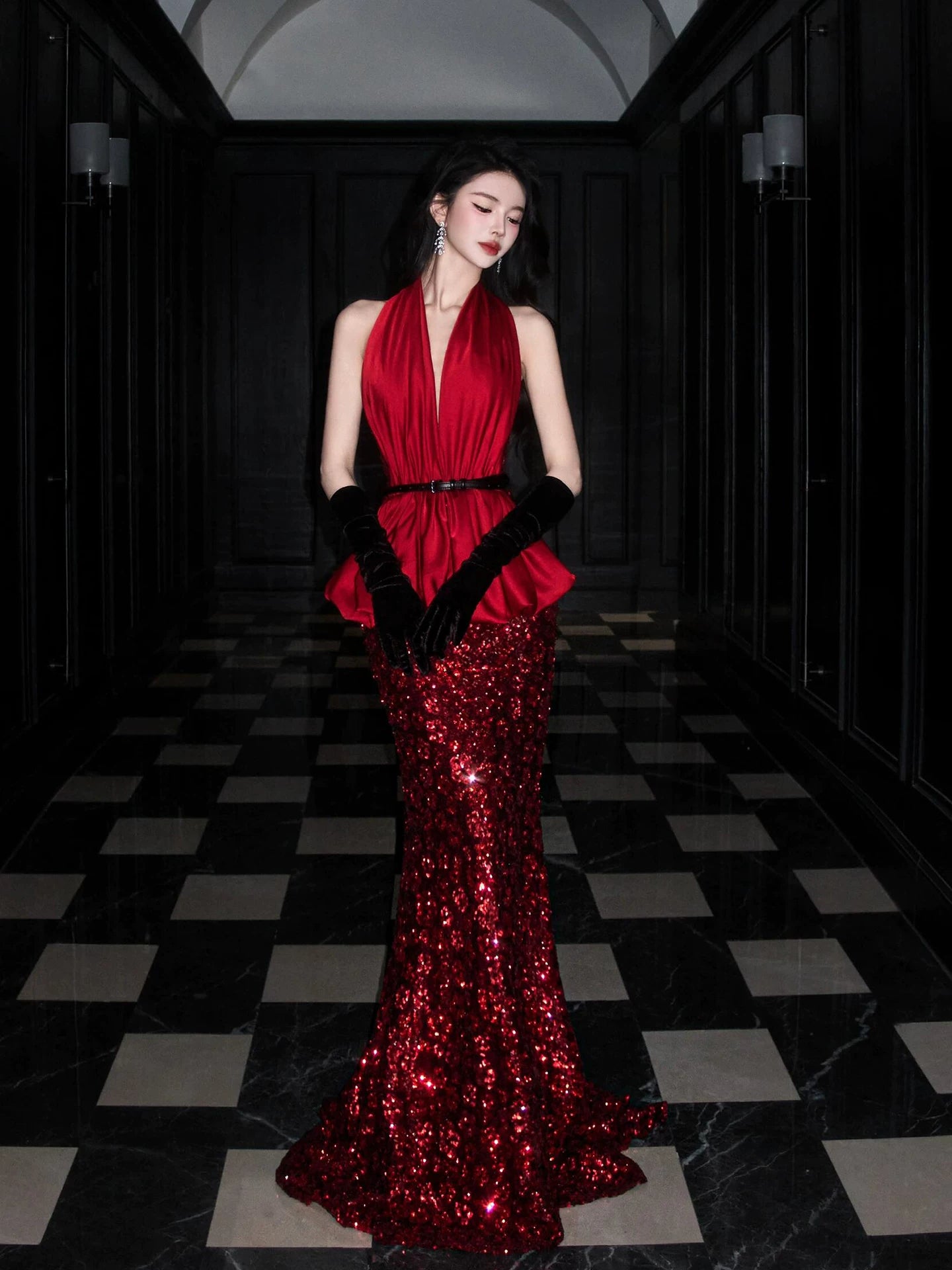 Glamorous Halter Neck Red Prom Dress Ruffles Sequins Mermaid Evening Dress AP7094