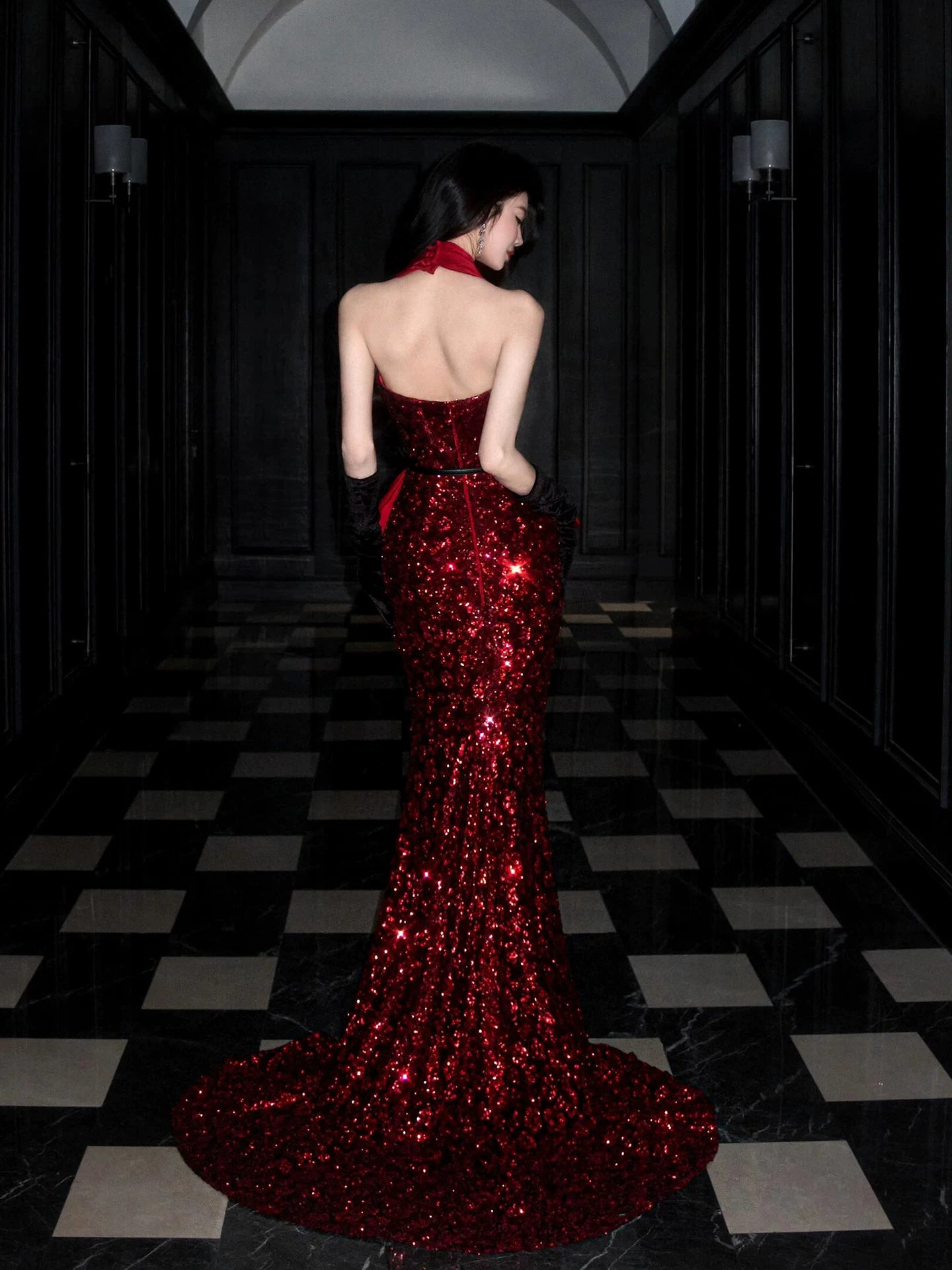 Glamorous Halter Neck Red Prom Dress Ruffles Sequins Mermaid Evening Dress AP7094