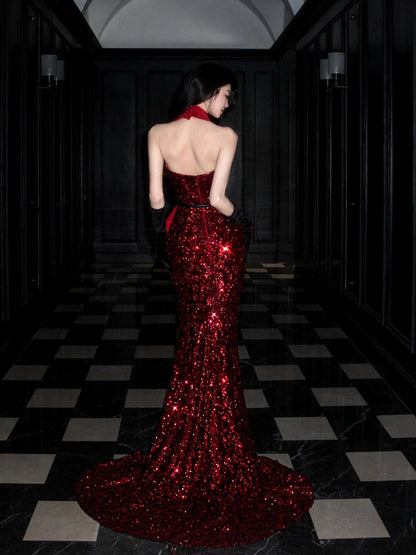 Glamorous Halter Neck Red Prom Dress Ruffles Sequins Mermaid Evening Dress AP7094