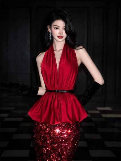 Glamorous Halter Neck Red Prom Dress Ruffles Sequins Mermaid Evening Dress AP7094
