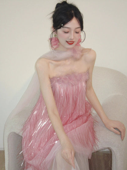 Dramatic Strapless Tulle Pink Prom Dress With Scarf Appliques Tassel Feather A-Line Formal Gowns AP7095