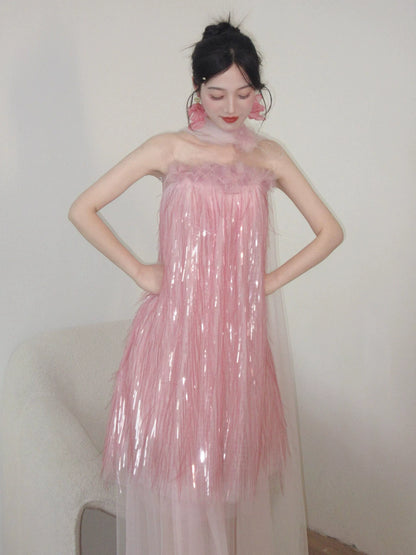 Dramatic Strapless Tulle Pink Prom Dress With Scarf Appliques Tassel Feather A-Line Formal Gowns AP7095
