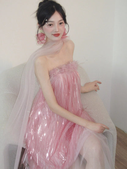 Dramatic Strapless Tulle Pink Prom Dress With Scarf Appliques Tassel Feather A-Line Formal Gowns AP7095