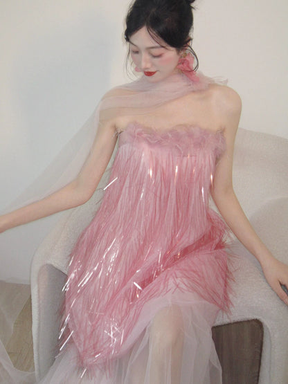 Dramatic Strapless Tulle Pink Prom Dress With Scarf Appliques Tassel Feather A-Line Formal Gowns AP7095