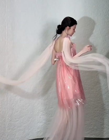 Dramatic Strapless Tulle Pink Prom Dress With Scarf Appliques Tassel Feather A-Line Formal Gowns AP7095