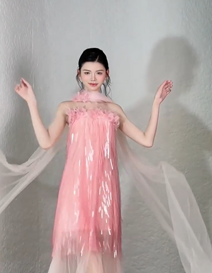 Dramatic Strapless Tulle Pink Prom Dress With Scarf Appliques Tassel Feather A-Line Formal Gowns AP7095