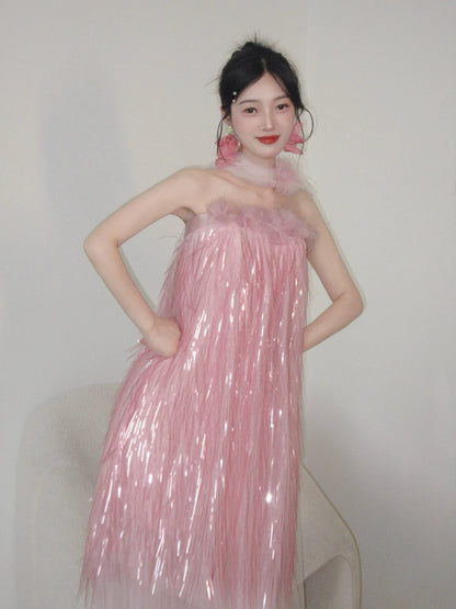 Dramatic Strapless Tulle Pink Prom Dress With Scarf Appliques Tassel Feather A-Line Formal Gowns AP7095