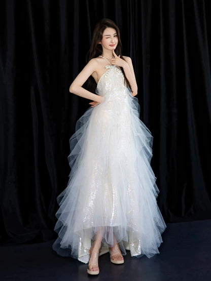 Stunning Halter Neck A-Line White Prom Dress Sequins Beading Tulle Evening Gowns AP7096