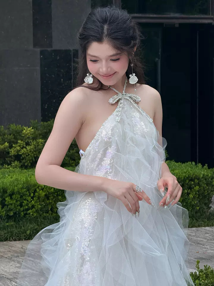 Stunning Halter Neck A-Line White Prom Dress Sequins Beading Tulle Evening Gowns AP7096