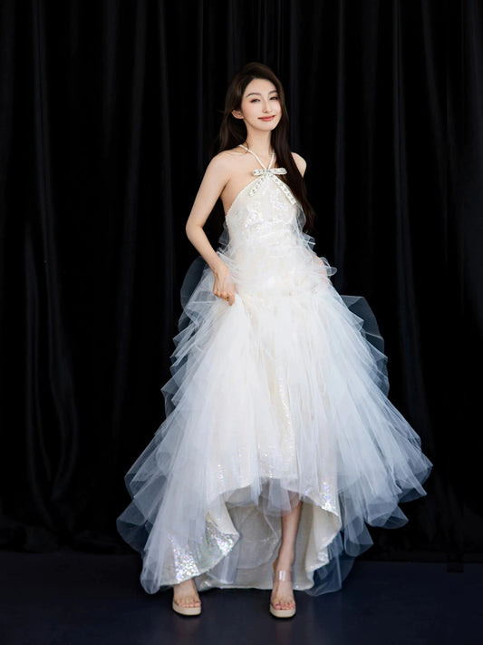 Stunning Halter Neck A-Line White Prom Dress Sequins Beading Tulle Evening Gowns AP7096