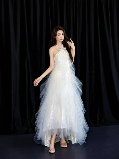 Stunning Halter Neck A-Line White Prom Dress Sequins Beading Tulle Evening Gowns AP7096