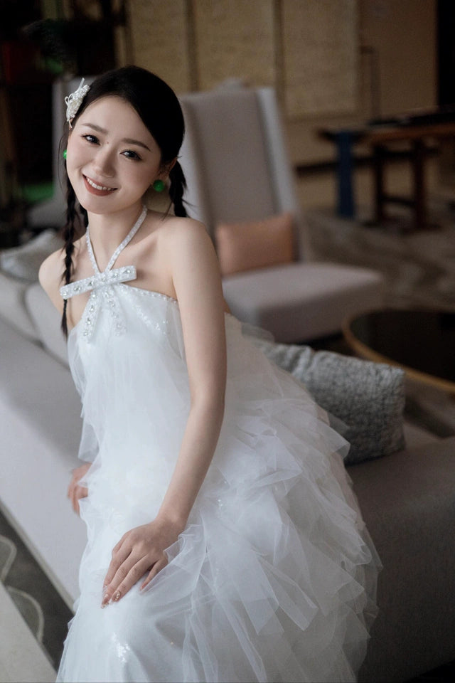Stunning Halter Neck A-Line White Prom Dress Sequins Beading Tulle Evening Gowns AP7096