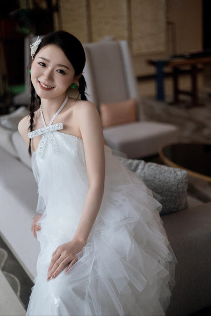 Stunning Halter Neck A-Line White Prom Dress Sequins Beading Tulle Evening Gowns AP7096
