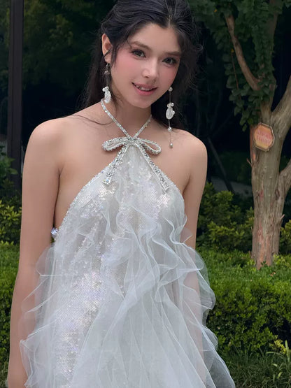Stunning Halter Neck A-Line White Prom Dress Sequins Beading Tulle Evening Gowns AP7096