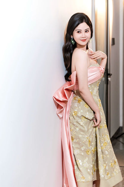 Novelty Applique Green Prom Dress With Bow Train Sequins Floral A-Line Formal Gowns AP7097