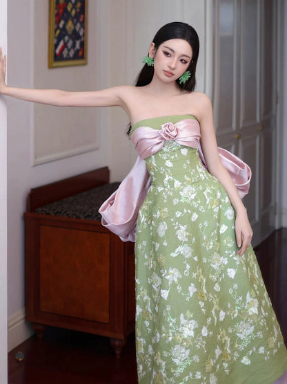 Novelty Applique Green Prom Dress With Bow Train Sequins Floral A-Line Formal Gowns AP7097