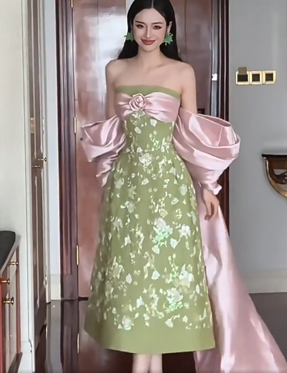 Novelty Applique Green Prom Dress With Bow Train Sequins Floral A-Line Formal Gowns AP7097