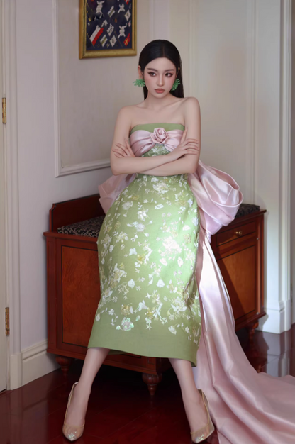 Novelty Applique Green Prom Dress With Bow Train Sequins Floral A-Line Formal Gowns AP7097