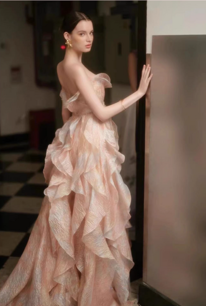 Unique Strapless Ruffled Prom Dress Beading A-Line Formal Gowns AP7098