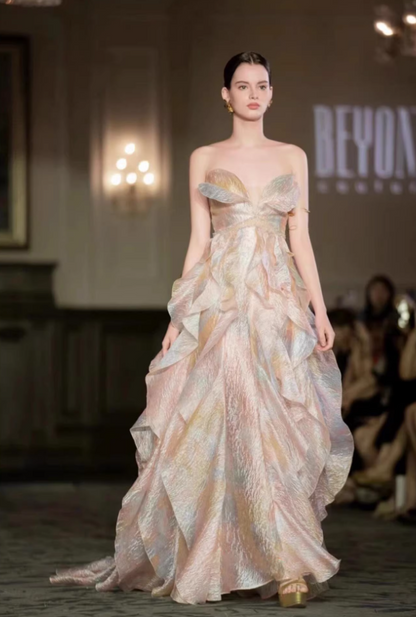 Unique Strapless Ruffled Prom Dress Beading A-Line Formal Gowns AP7098