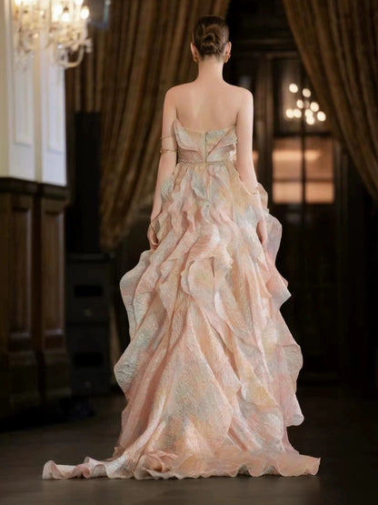Unique Strapless Ruffled Prom Dress Beading A-Line Formal Gowns AP7098