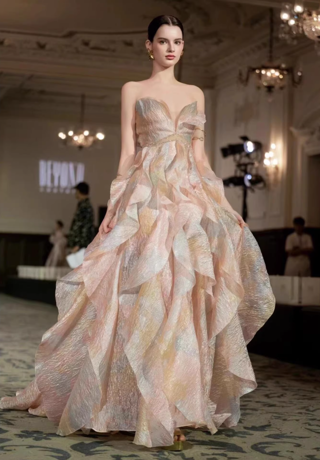 Unique Strapless Ruffled Prom Dress Beading A-Line Formal Gowns AP7098