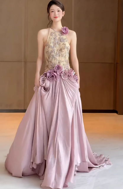 Vibrant Halter Neck A-Line Prom Dress 3D Appliques Sequins Evening Gowns AP7099