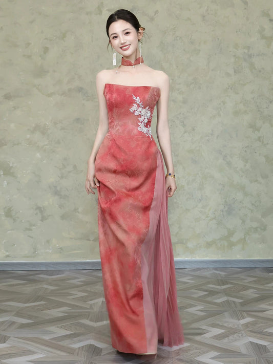 Fashionable Strapless Tulle Jacquard Prom Dress Appliques Sheath Evening Dress AP7100