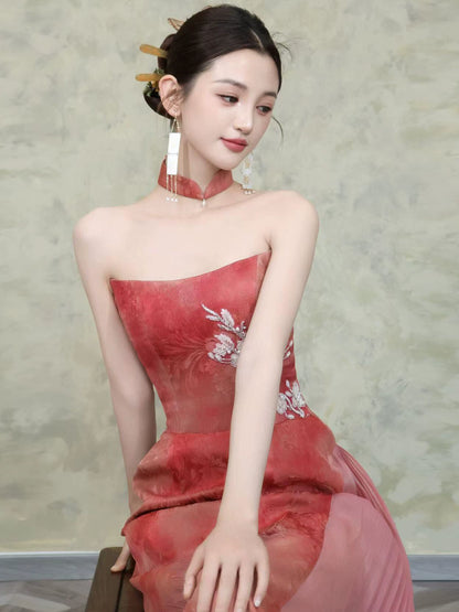 Fashionable Strapless Tulle Jacquard Prom Dress Appliques Sheath Evening Dress AP7100
