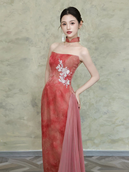 Fashionable Strapless Tulle Jacquard Prom Dress Appliques Sheath Evening Dress AP7100