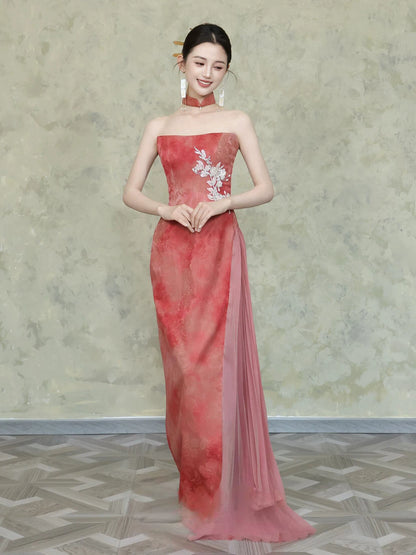 Fashionable Strapless Tulle Jacquard Prom Dress Appliques Sheath Evening Dress AP7100