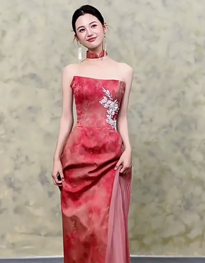 Fashionable Strapless Tulle Jacquard Prom Dress Appliques Sheath Evening Dress AP7100