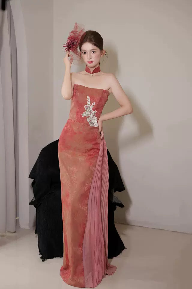 Fashionable Strapless Tulle Jacquard Prom Dress Appliques Sheath Evening Dress AP7100